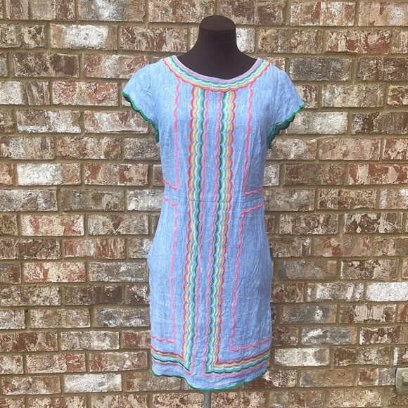 Boden Laura Linen Embroidered Dress in Light Chambray Size 2R - Picture 2 of 6